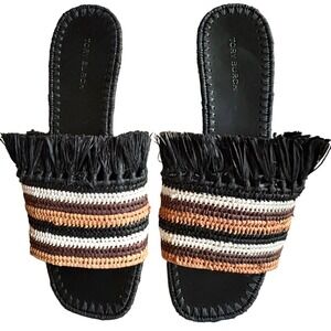 $358 NWOB TORY BURCH Eleanor Raffia Stripe Fringe Kitten Heel Sandals Size 6M